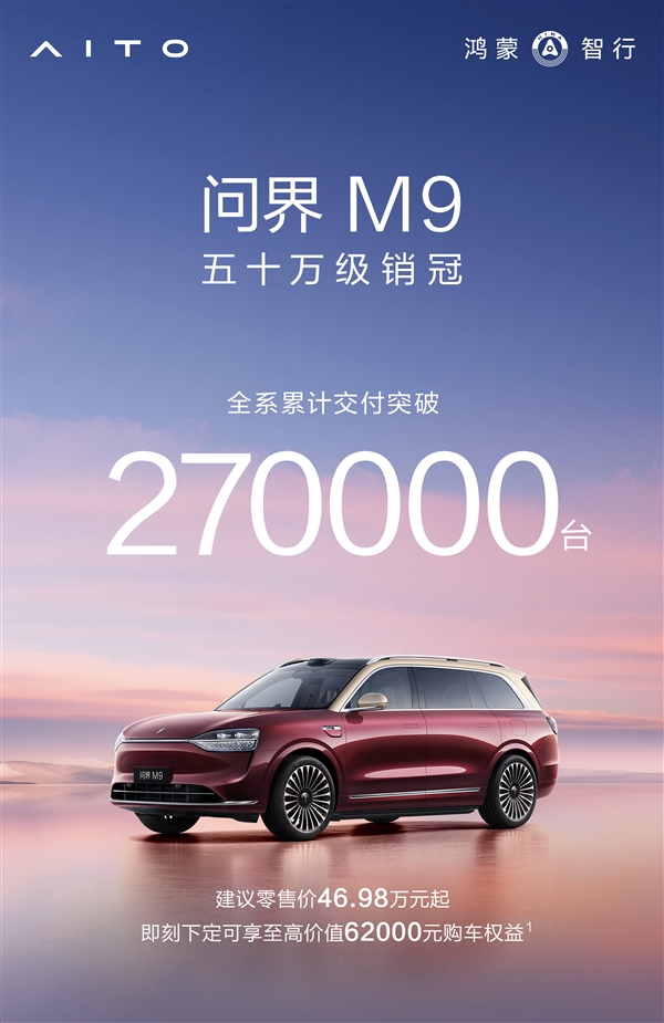 50万以上市场每卖10辆有7辆是TA 问界M9累计交付27万辆！